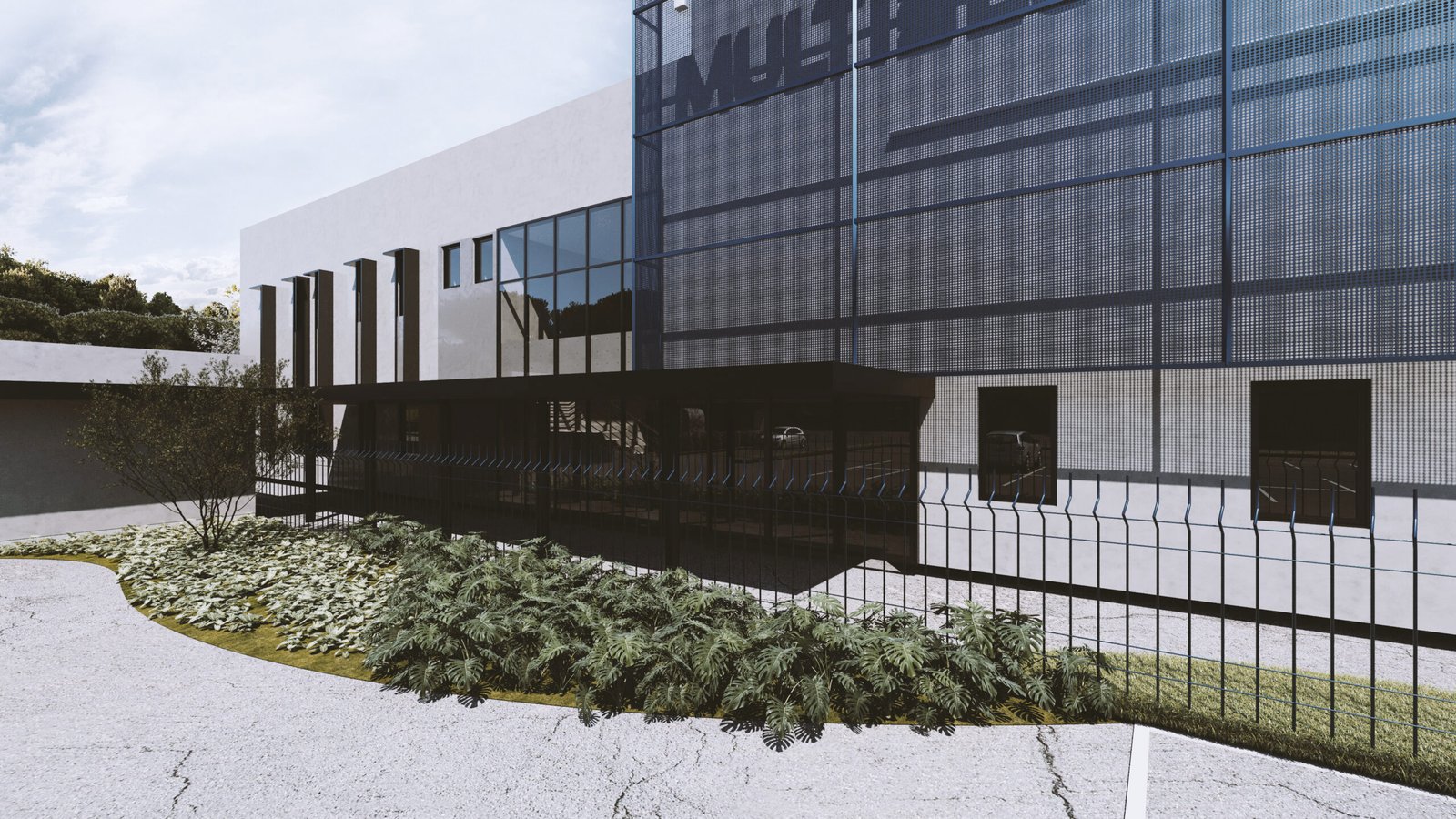 Edifício comercial com pele de vidro e jardim de aproximação