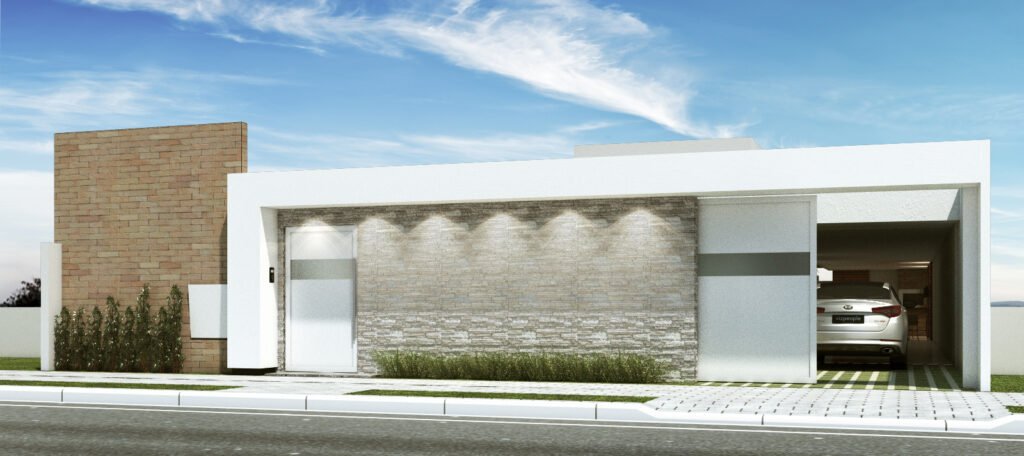 Residência horizontal com revestimento em pedra e vidro