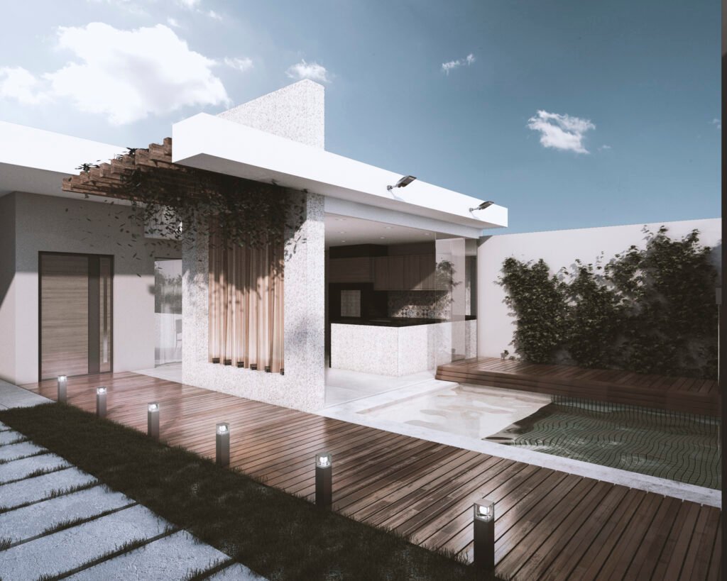 Residência branca com deck de madeira e jardim lateral