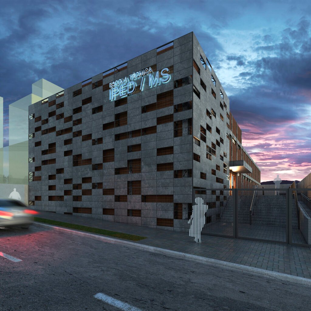 Edifício com pele perfurada iluminado ao anoitecer