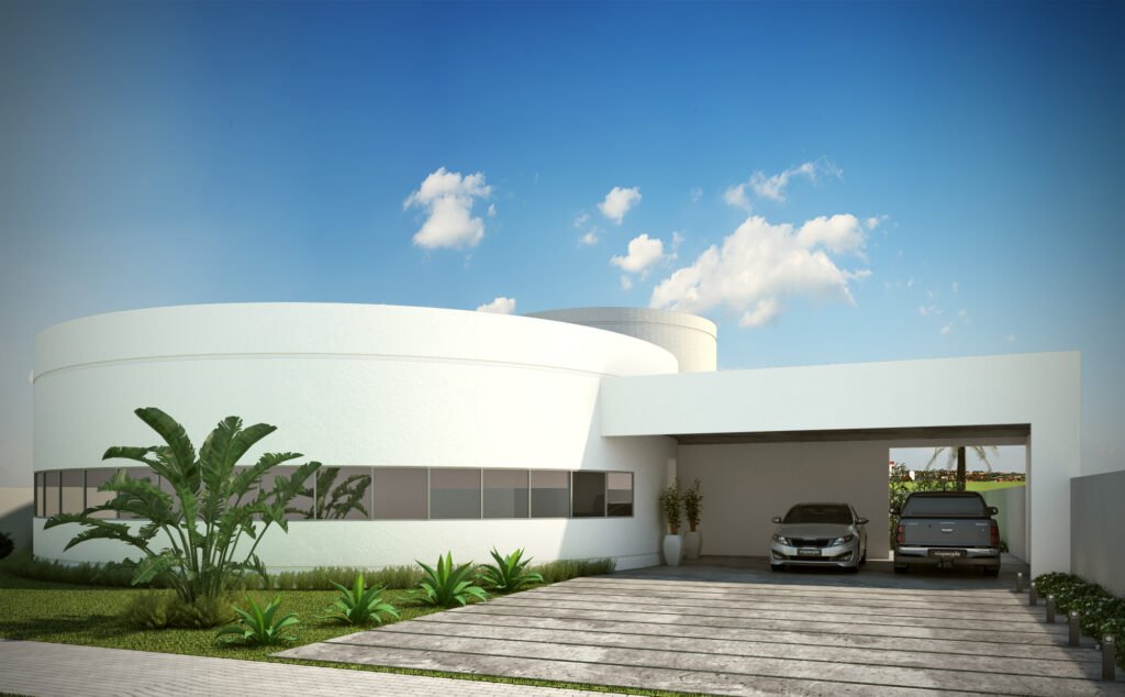 Edifício residencial de fachada curva em concreto branco