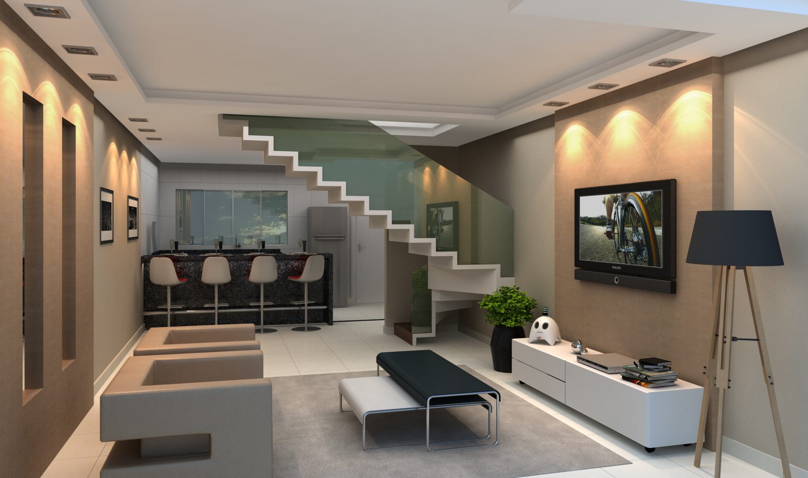 Sala de estar com pé-direito duplo e escada em concreto